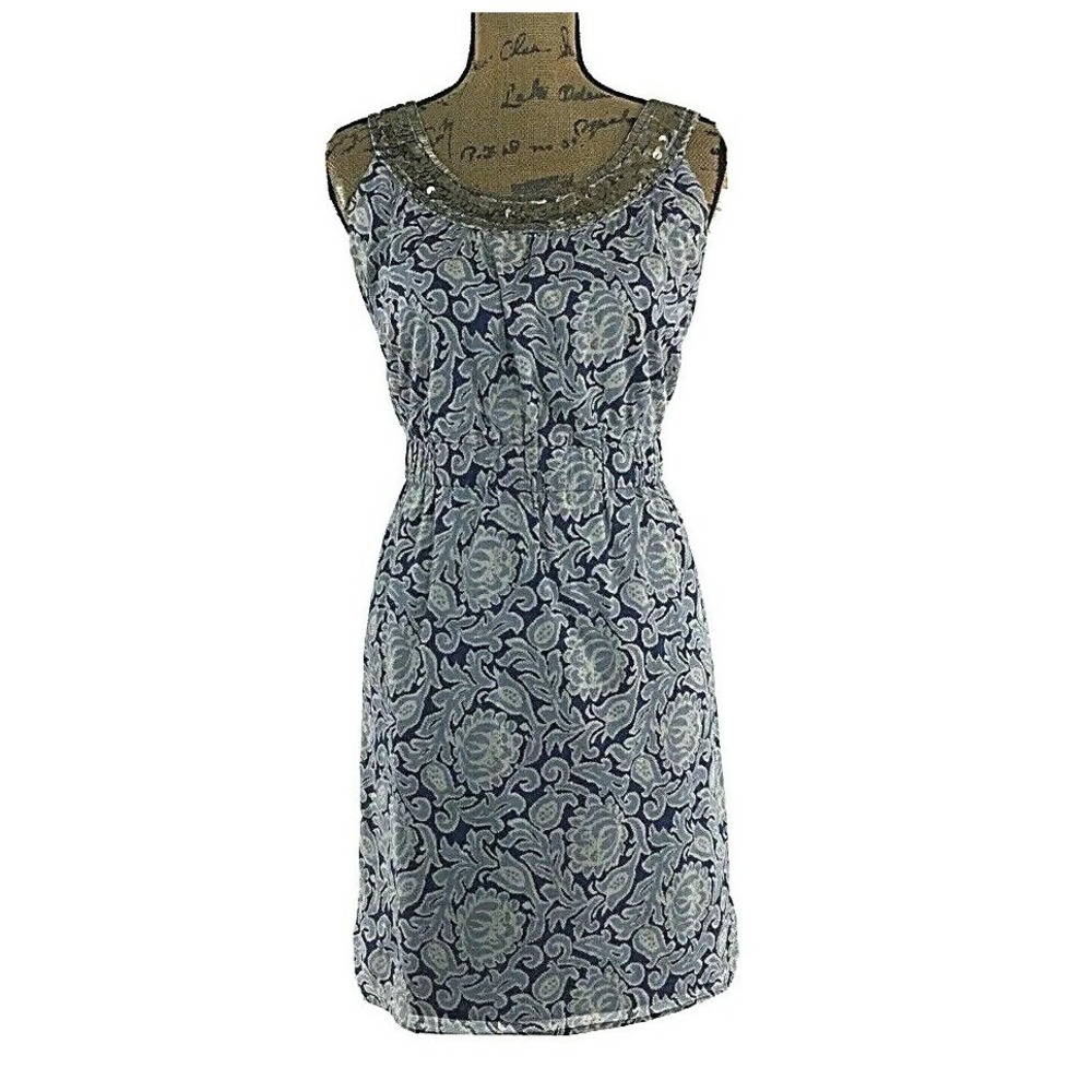 Ann Taylor LOFT Dress 6 Blue Beige Bronze Bead Grecian Shift Elastic Waist Lined